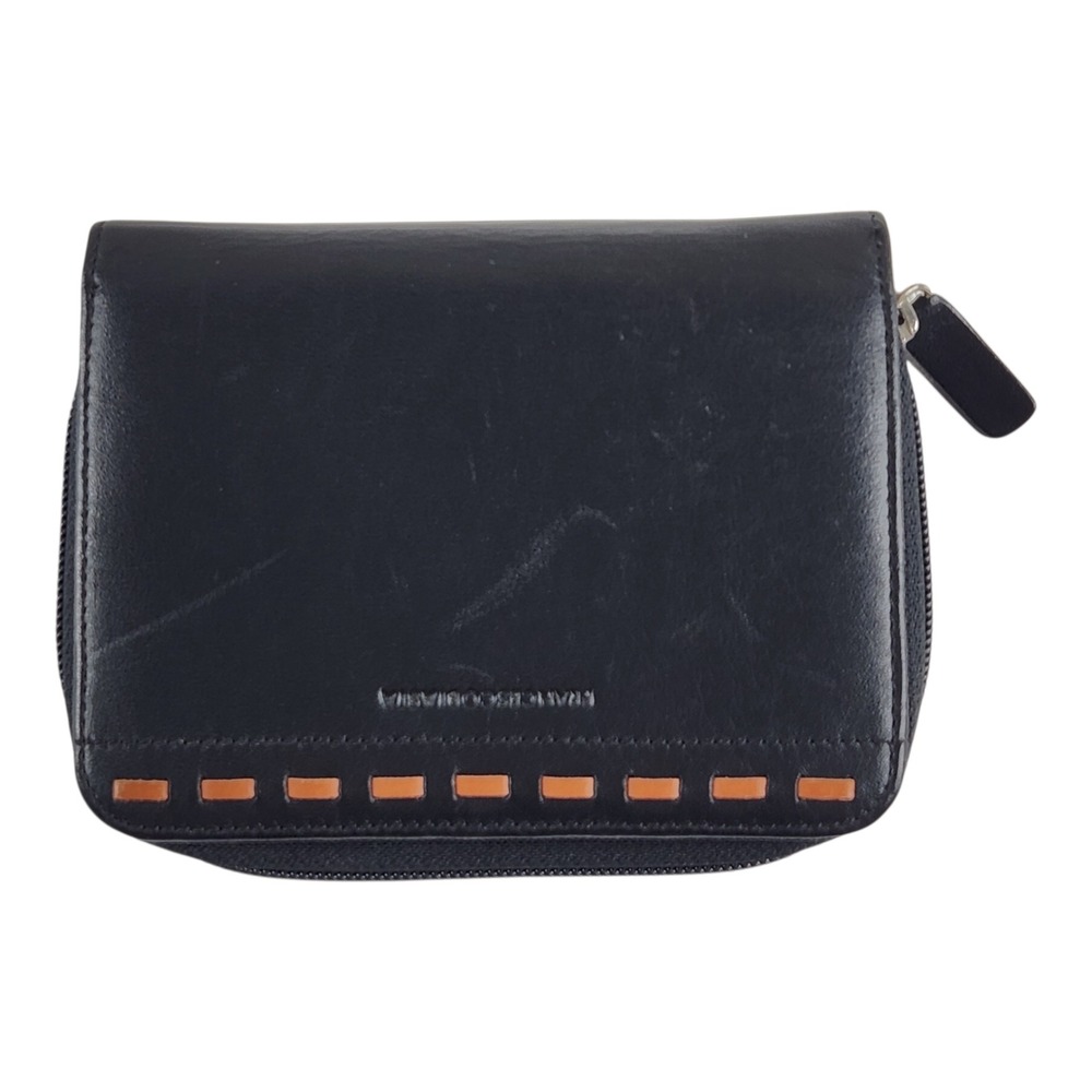 Vintage Francesco Biasia Wallet Black Tan Leather Bifold Zip Around Whipstitch